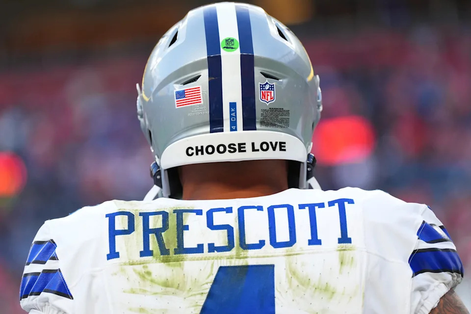 Detail view of the helmet worn by Dallas Cowboys quarterback Dak Prescott.