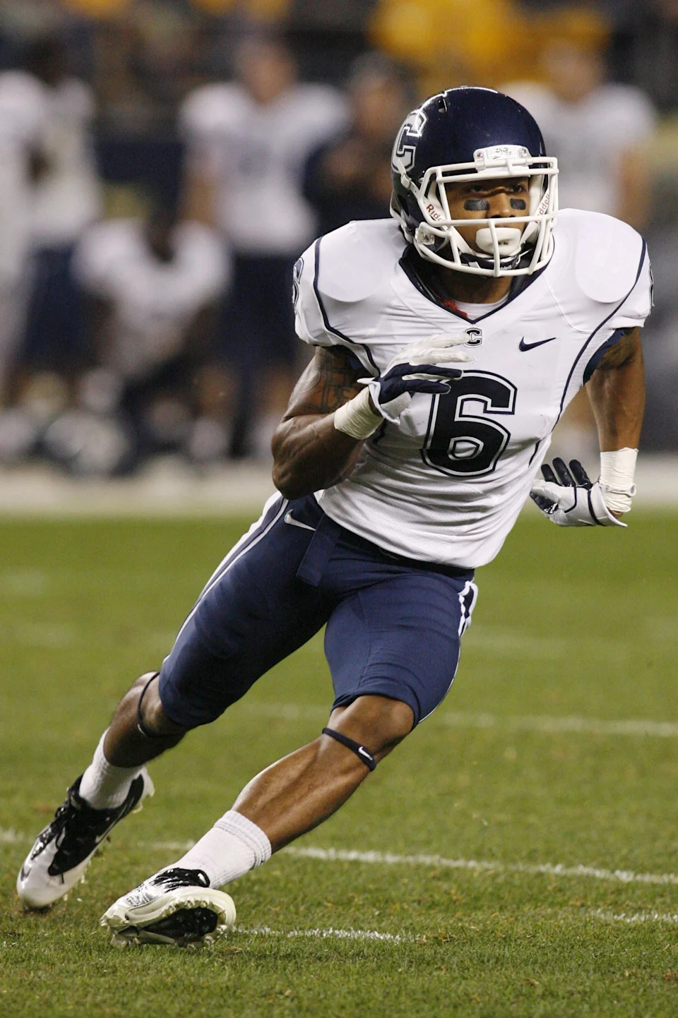 October 26, 2011; Pittsburgh,PA, USA: Connecticut Huskies receiver Kashif Moore (6) breaks off the line of scrimmage against the Pittsburgh Panthers during the second quarter at Heinz Field. The Panthers won 35-20. Mandatory Credit: Charles LeClaire-USPRESSWIRE
