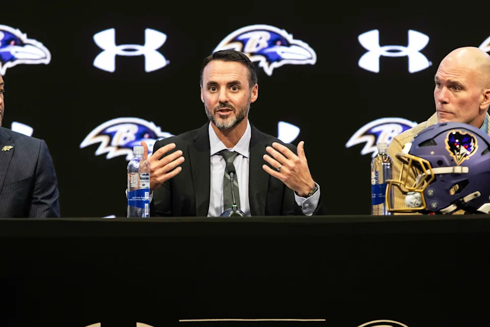 Jesse Minter and Eric DeCosta at press conference at Under Armour Performance Center.