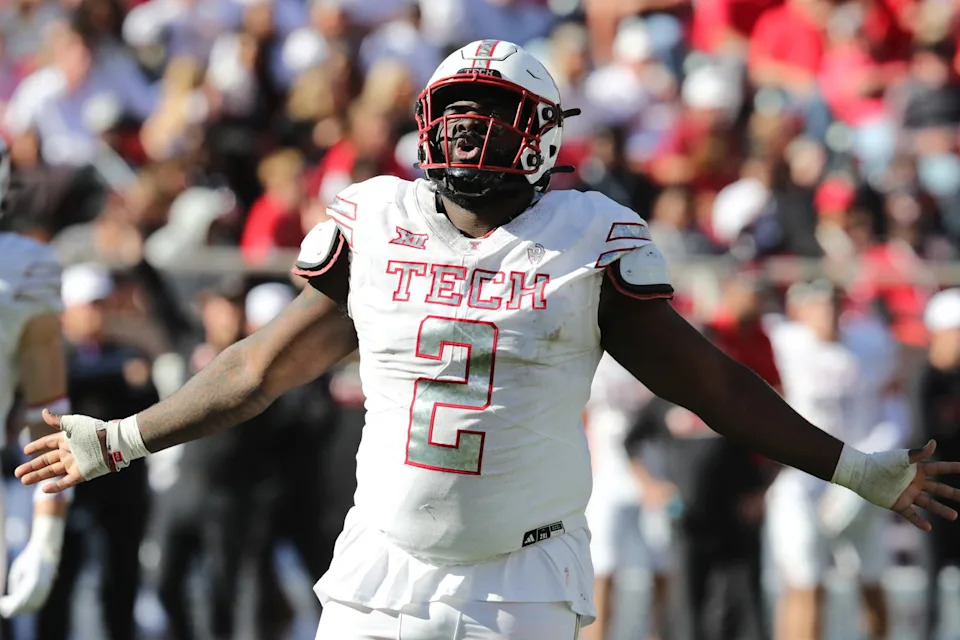 Nov 8, 2025; Lubbock, Texas, USA; Texas Tech Red Raiders defensive lineman Lee Hunter (2) reacts in the second half of the game against the Brigham Young Cougars at Jones AT&T Stadium. Mandatory Credit: Michael C. Johnson-Imagn Images.
