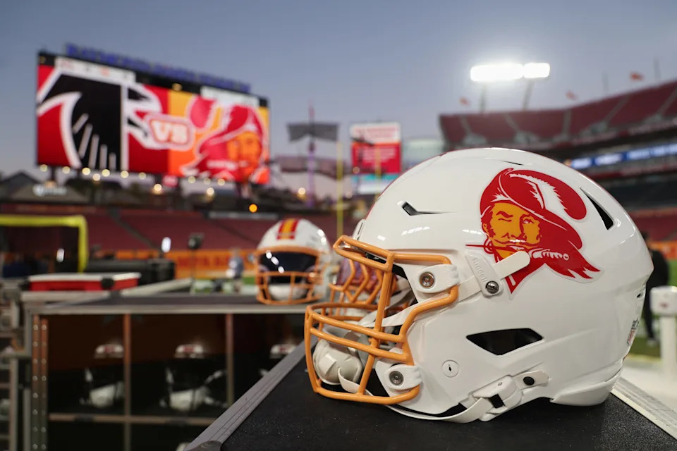 A general view of a Tampa Bay Buccaneers football helmet.