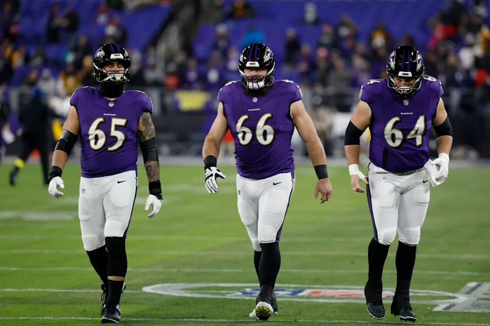 Baltimore Ravens guard Patrick Mekari (65), guard Ben Cleveland (66) and center Tyler Linderbaum (64) line up.Geoff Burke-Imagn Images