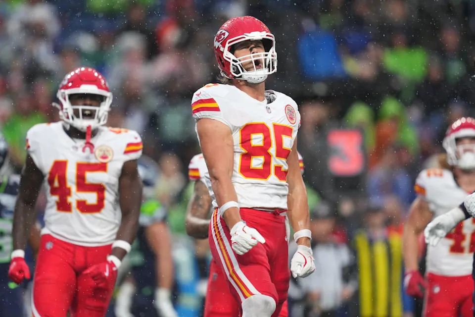 SEATTLE, WASHINGTON - AUGUST 15: Robert Tonyan #85 of the Kansas City Chiefs celebrates after scoring a touchdown during the second quarter of the NFL Preseason 2025 game between Kansas City Chiefs and Seattle Seahawks at Lumen Field on August 15, 2025 in Seattle, Washington. (Photo by Soobum Im/Getty Images)