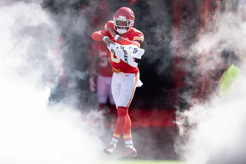 Bryan Cook #6 of the Kansas City Chiefs reacts as he takes the field prior to an NFL football game against the Baltimore Ravens