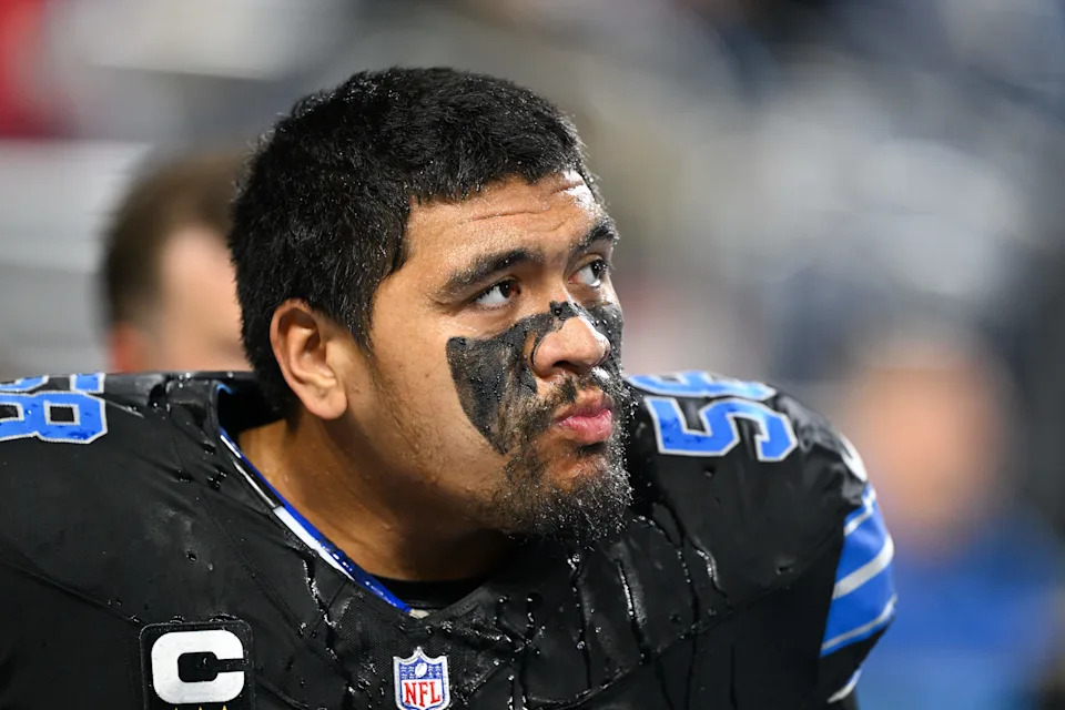 Nov 23, 2025; Detroit, Michigan, USA; Detroit Lions tackle Penei Sewell (58) looks on during warm ups prior to the game against the New York Giants at Ford Field. Mandatory Credit: Lon Horwedel-Imagn Images