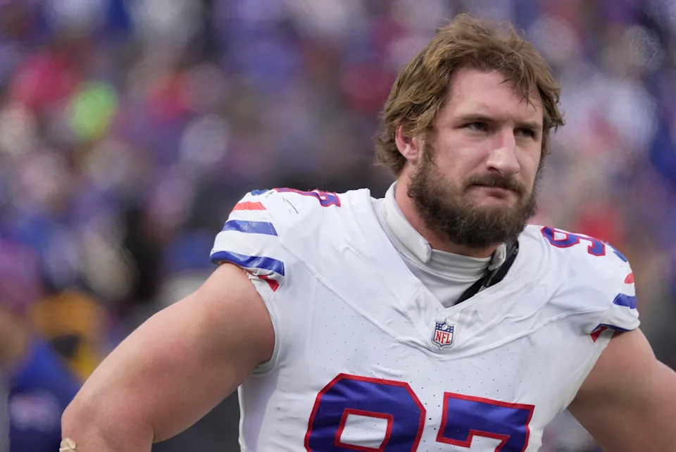 Buffalo Bills defensive end Joey Bosa watches the offensive line on the field during second half action against the Tampa Bay Buccaneers on Nov 16, 2025 at Highmark Stadium in Orchard Park.