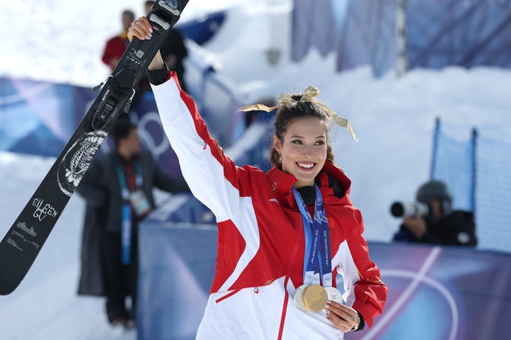 Eileen Gu of Team China celebrates during the medal ceremony for the women's freeski halfpipe final at the Milano Cortina Olympics on Feb. 22.
