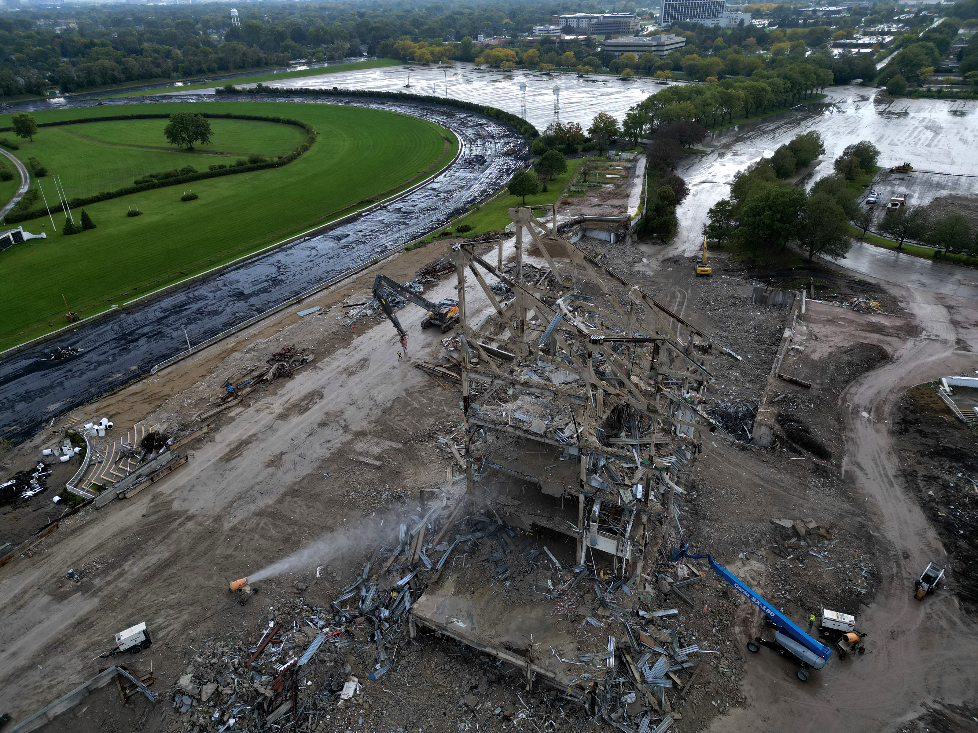 The grandstand of the former Arlington International Racecourse is razed...