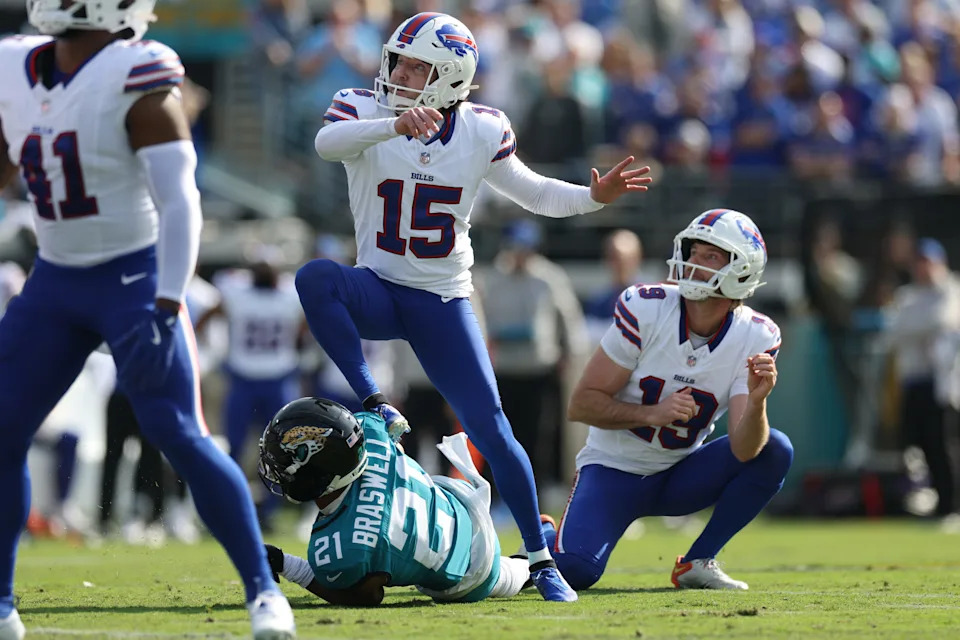 Jan 11, 2026; Jacksonville, FL, USA; Buffalo Bills place kicker Matt Prater (15) kicks a field goal during the first half against the Jacksonville Jaguars in an AFC Wild Card Round game at EverBank Stadium. Mandatory Credit: Nathan Ray Seebeck-Imagn Images
