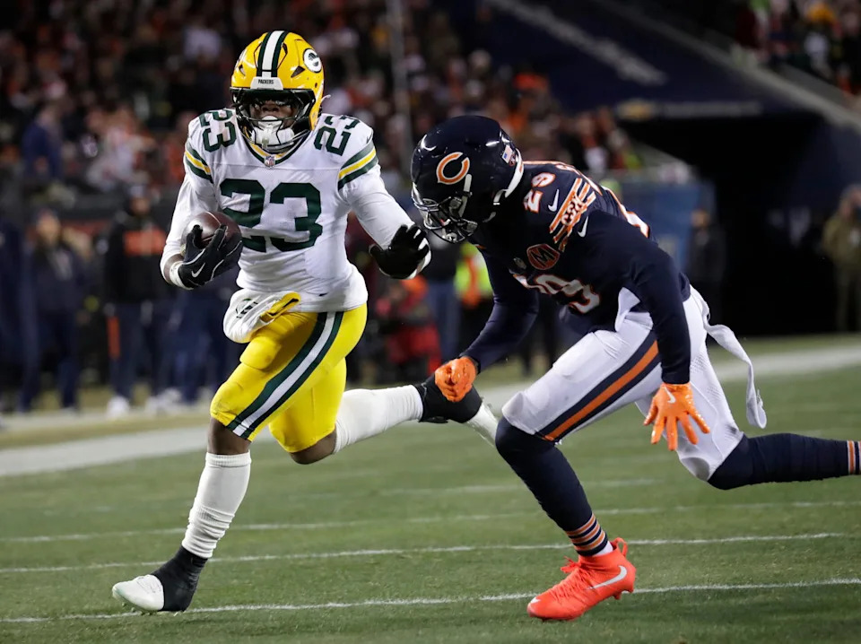 Green Bay Packers running back Emanuel Wilson (23) runs for a gain against Chicago Bears cornerback Tyrique Stevenson (29) in the second quarter during their football game Saturday, December 20, 2025, at Soldier Field in Chicago, Illinois.&nbsp;© Dan Powers/USA TODAY NETWORK-Wisconsin / USA TODAY NETWORK via Imagn Images.