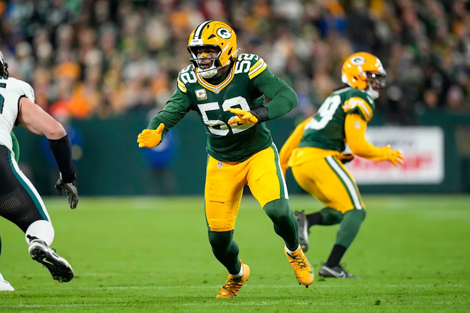 Nov 10, 2025; Green Bay, Wisconsin, USA; Green Bay Packers defensive lineman Rashan Gary (52) during the game against the Philadelphia Eagles at Lambeau Field. Mandatory Credit: Jeff Hanisch-Imagn Images