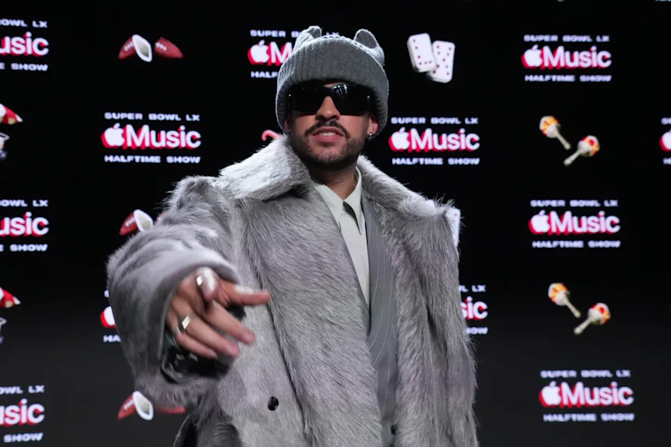 Feb 5, 2026; San Francisco, CA, USA; Bad Bunny during the Super Bowl LX halftime show press conference at Moscone Center. Mandatory Credit: Kirby Lee-Imagn Images© Kirby Lee-Imagn Images&period;