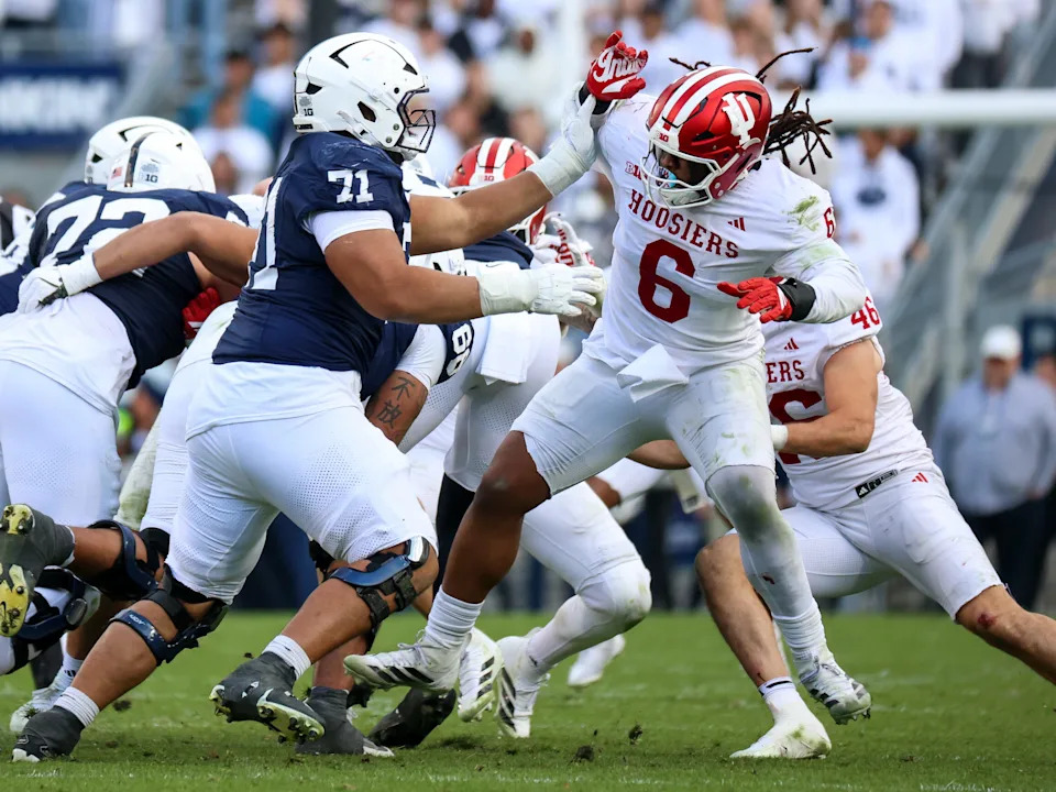 STATE COLLEGE, PENNSYLVANIA - NOVEMBER 8: Mikail Kamara #6 of the Indiana Hoosiers battles Olaivavega Ioane #71 of the Penn State Nittany Lions during the fourth quarter at Beaver Stadium on November 8, 2025 in State College, Pennsylvania. (Photo by Isaiah Vazquez/Getty Images)