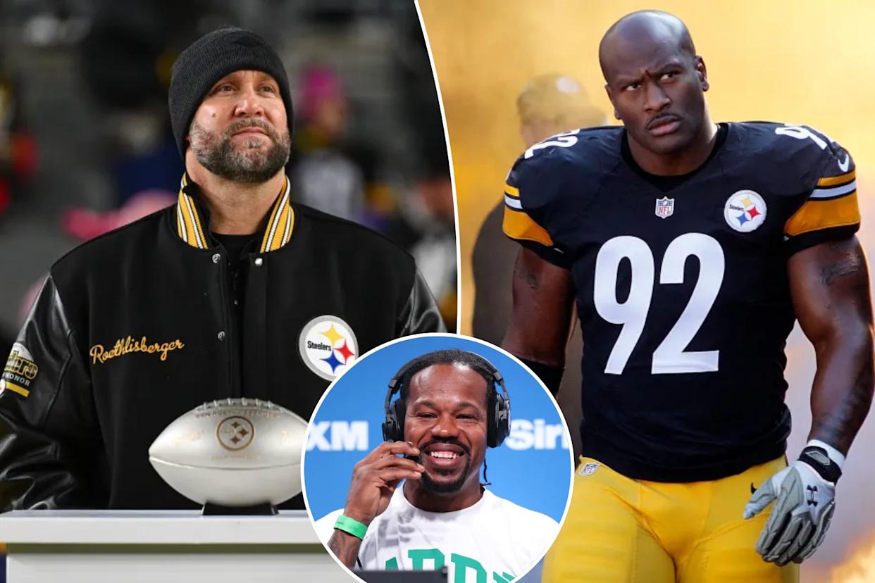 An image collage containing 3 images, Image 1 shows Ben Roethlisberger in a black and yellow jacket and beanie, with a football trophy in front of him, Image 2 shows James Harrison #92 of the Pittsburgh Steelers walking onto the field, Image 3 shows Joey Porter Sr. speaks on SiriusXM at Super Bowl LIX on February 05, 2025