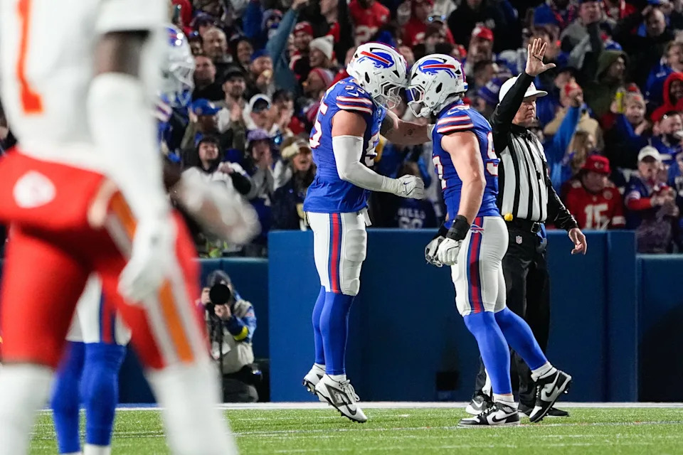Nov 2, 2025; Orchard Park, New York, USA; Buffalo Bills defensive end Michael Hoecht (55) celebrates a defensive stop with defensive end Greg Rousseau (50) in the third quarter against the Kansas City Chiefs at Highmark Stadium. Mandatory Credit: Gregory Fisher-Imagn Images