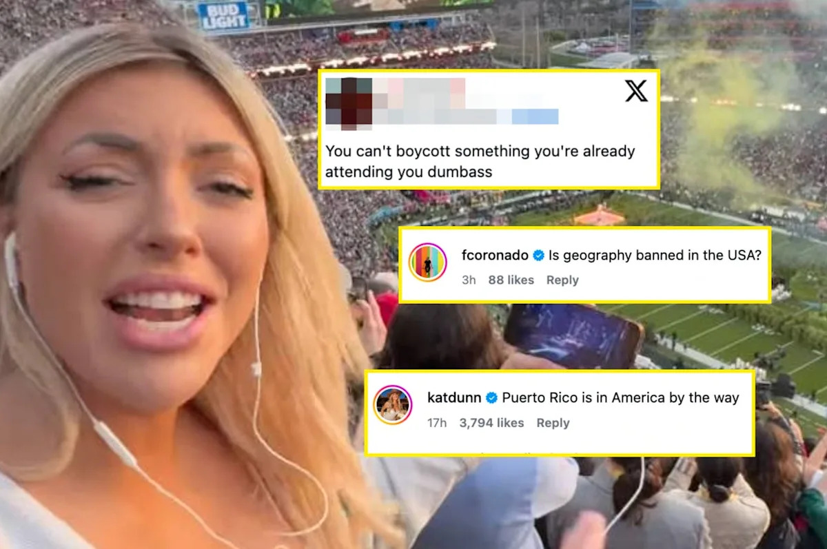 This Woman Trying To Boycott Bad Bunny While Standing In The Super Bowl Crowd Is The Most Embarrassing Thing I've Seen All Week
