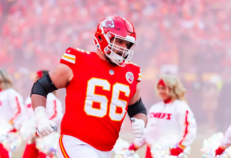 Jan 26, 2025; Kansas City, MO, USA; Kansas City Chiefs guard Mike Caliendo (66) against the Buffalo Bills in the AFC Championship game at GEHA Field at Arrowhead Stadium. Mandatory Credit: Mark J. Rebilas-Imagn Images