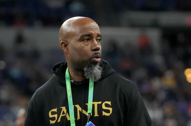 Mar 2, 2024; Indianapolis, IN, USA; New Orleans Saints wide receivers coach Keith Williams during the 2024 NFL Combine at Lucas Oil Stadium. Mandatory Credit: Kirby Lee-USA TODAY Sports