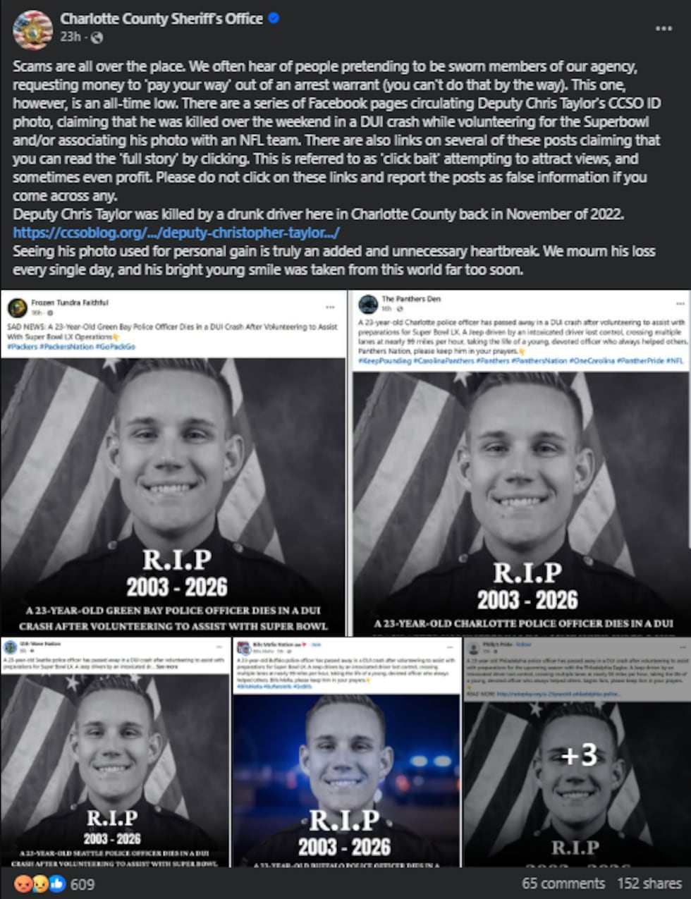 Deputies warned that “scam” posts using Taylor’s image are circulating across multiple pages.