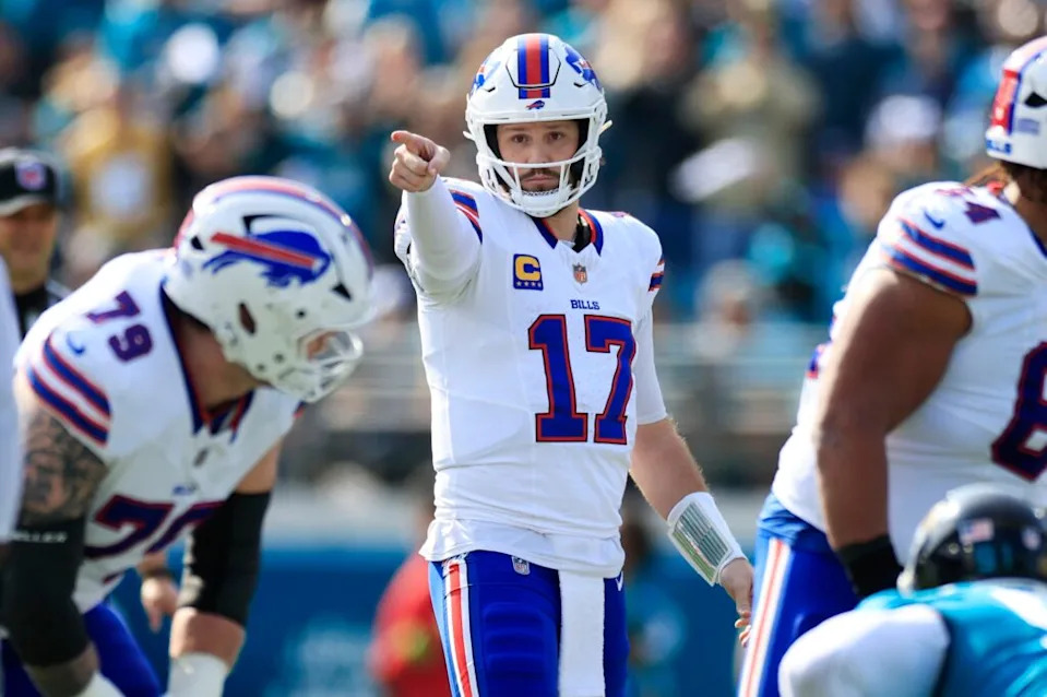 Buffalo Bills quarterback Josh Allen (17) calls a play during the first quarter of an NFL football AFC Wild Card playoff matchup, Sunday, Jan. 11, 2026, in Jacksonville, Fla. The Bills defeated the Jaguars 27-24. [Corey Perrine/Florida Times-Union]