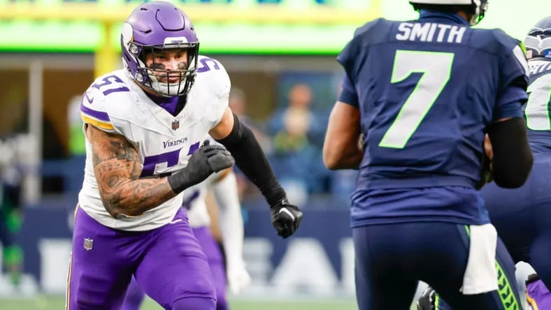 Blake Cashman reacts after a play against the Seattle Seahawks at Lumen Field. Vikings contract extensions.