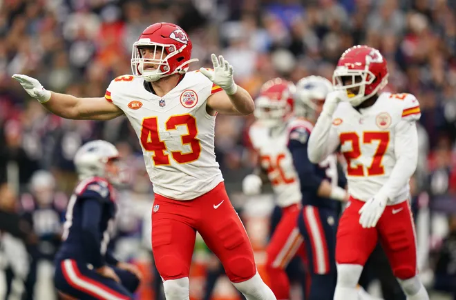 Dec 17, 2023; Foxborough, Massachusetts, USA; Kansas City Chiefs linebacker Jack Cochrane (43) reacts after the New England Patriots miss the field goal attempt in the first quarter at Gillette Stadium. Mandatory Credit: David Butler II-USA TODAY Sports