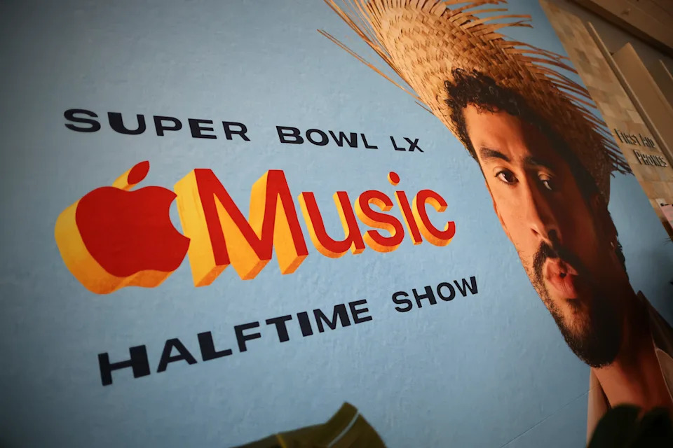SAN FRANCISCO, CALIFORNIA - FEBRUARY 04: An advertisement for the Super Bowl LX Halftime show featuring Bad Bunny is seen in the Super Bowl LX Media Center at the Moscone Center on February 04, 2026 in San Francisco, California.  (Photo by Chris Graythen/Getty Images)