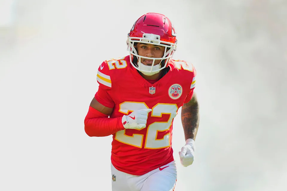 Sep 28, 2025; Kansas City, Missouri, USA; Kansas City Chiefs cornerback Trent McDuffie (22) takes the field prior to a game against the Baltimore Ravens at GEHA Field at Arrowhead Stadium. Mandatory Credit: Jay Biggerstaff-Imagn Images
