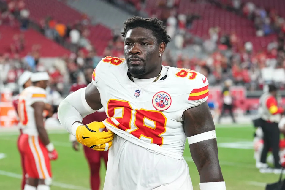 Aug 9, 2025; Glendale, Arizona, USA; Kansas City Chiefs defensive end Janarius Robinson (98) after the game against the Arizona Cardinals at State Farm Stadium. Mandatory Credit: Joe Camporeale-Imagn Images