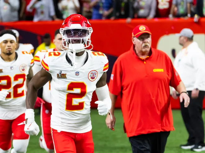 Feb 9, 2025; New Orleans, LA, USA; Kansas City Chiefs cornerback Joshua Williams (2) and head coach Andy Reid against the Philadelphia Eagles in Super Bowl LIX at Ceasars Superdome. Mandatory Credit: Mark J. Rebilas-Imagn Images