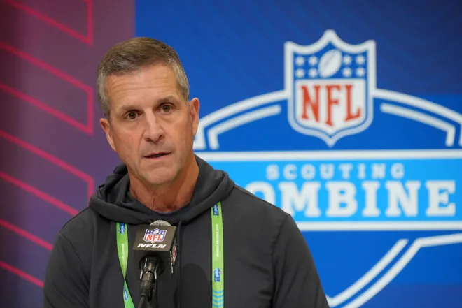 Feb 25, 2025; Indianapolis, IN, USA; Baltimore Ravens coach John Harbaugh speaks during the NFL Scouting Combine at the Indiana Convention Center. Mandatory Credit: Kirby Lee-Imagn Images