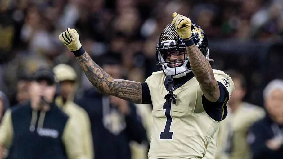 New Orleans Saints cornerback Alontae Taylor reacts to making a tackle against New York Jets quarterback Brady Cook