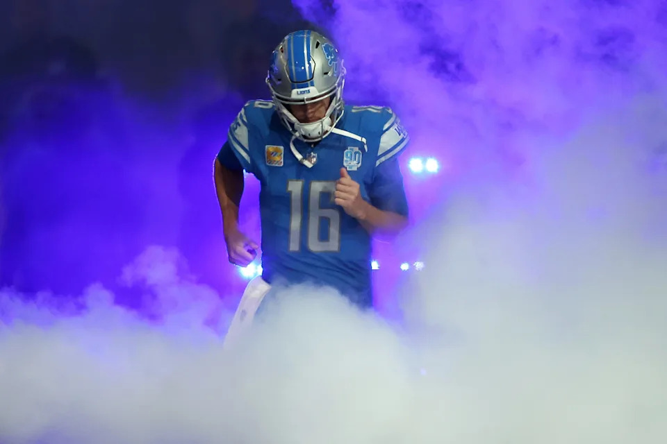 DETROIT, MICHIGAN - OCTOBER 08: Jared Goff #16 of the Detroit Lions is introduced before the game against the Carolina Panthers at Ford Field on October 08, 2023 in Detroit, Michigan. (Photo by Rey Del Rio/Getty Images)