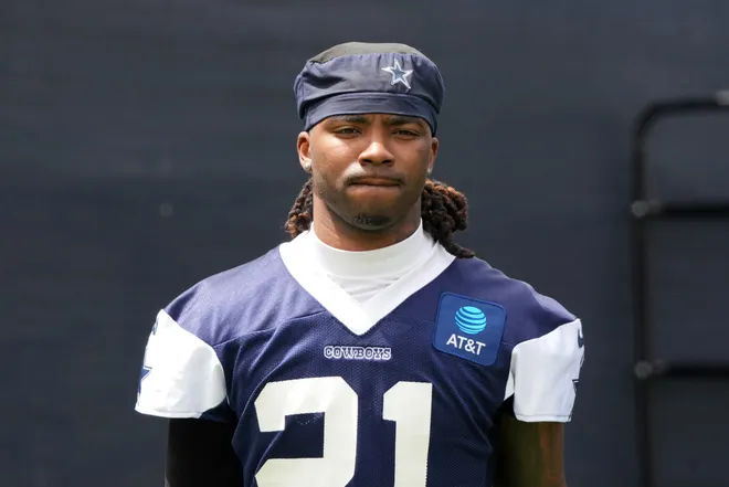 Jul 22, 2025; Oxnard, CA, USA; Dallas Cowboys cornerback Caelen Carson (21) during training camp at the River Ridge Fields. Mandatory Credit: Kirby Lee-Imagn Images