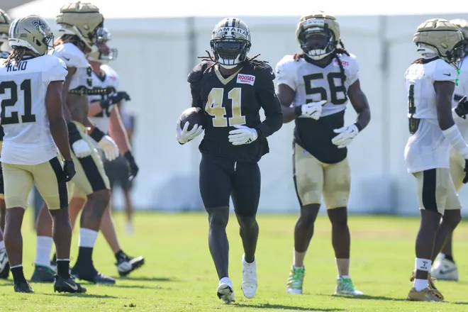 Jul 28, 2025; Metairie, LA, USA; New Orleans Saints running back Alvin Kamara (41) on a running play during training camp at Ochsner Sports Performance Center. Mandatory Credit: Stephen Lew-Imagn Images