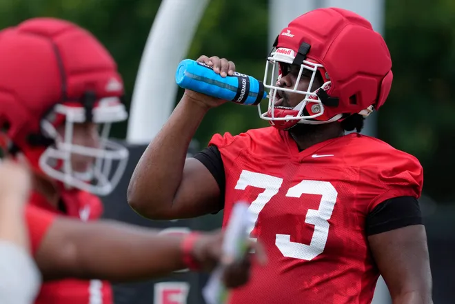Georgia offensive lineman Juan Gaston (73) at the first day of fall practice