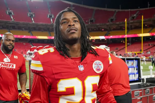 Aug 22, 2024; Kansas City, Missouri, USA; Kansas City Chiefs safety Deon Bush (26) leaves the field after the game against the Chicago Bears at GEHA Field at Arrowhead Stadium. Mandatory Credit: Denny Medley-USA TODAY Sports