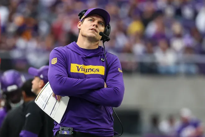 Dec 8, 2024; Minneapolis, Minnesota, USA; Minnesota Vikings head coach Kevin O'Connell looks on during the second quarter against the Atlanta Falcons at U.S. Bank Stadium. Mandatory Credit: Matt Krohn-Imagn Images