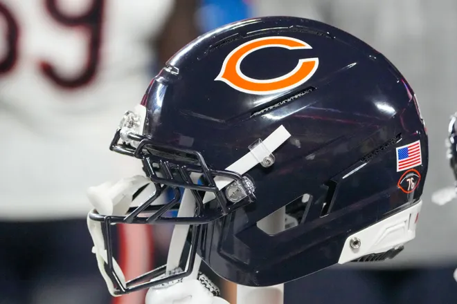 A general view of a Chicago Bears helmet.