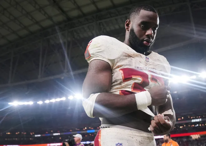 Arizona Cardinals running back Trey Benson (33) walks off the field after their 23-20 loss to the Seattle Seahawks at State Farm Stadium in Glendale on Sept. 25, 2025.