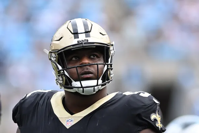 Sep 19, 2021; Charlotte, North Carolina, USA; New Orleans Saints center Cesar Ruiz (51) on the field in the fourth quarter at Bank of America Stadium. Mandatory Credit: Bob Donnan-USA TODAY Sports
