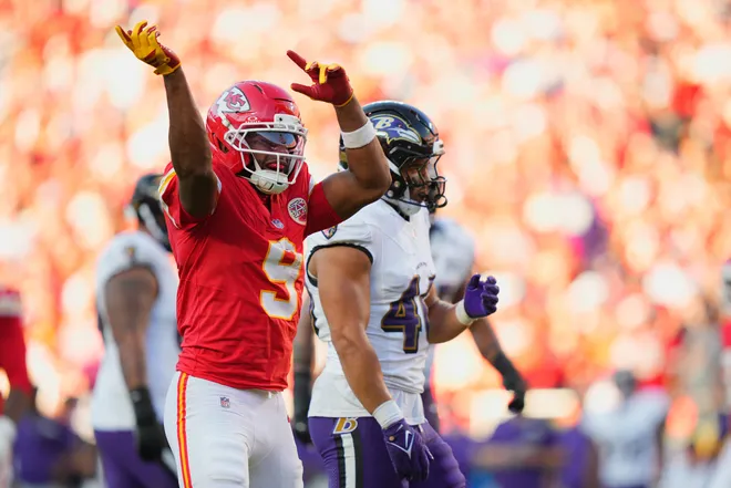 Sep 28, 2025; Kansas City, Missouri, USA; Kansas City Chiefs wide receiver JuJu Smith-Schuster (9) celebrates after a play during the third quarter against the Baltimore Ravens at GEHA Field at Arrowhead Stadium. Mandatory Credit: Jay Biggerstaff-Imagn Images