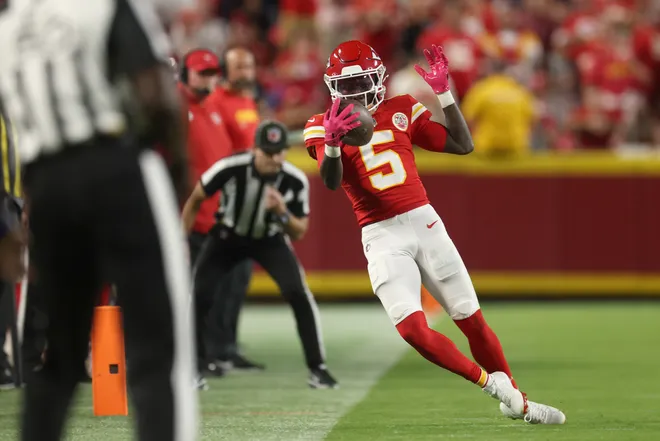 KANSAS CITY, MISSOURI - OCTOBER 12: Marquise Brown #5 of the Kansas City Chiefs falls out of bounds after a reception against the Detroit Lions during the second quarter in the game at Arrowhead Stadium on October 12, 2025 in Kansas City, Missouri. (Photo by Jamie Squire/Getty Images)