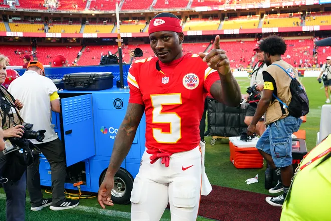 Sep 28, 2025; Kansas City, Missouri, USA; Kansas City Chiefs wide receiver Hollywood Brown (5) celebrates after the game against the Baltimore Ravens at GEHA Field at Arrowhead Stadium. Mandatory Credit: Denny Medley-Imagn Images