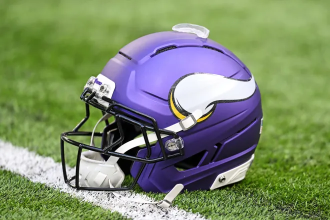 Oct 19, 2025; Minneapolis, Minnesota, USA; A general view of the Minnesota Vikings helmet before the game against the Philadelphia Eagles at U.S. Bank Stadium. Mandatory Credit: Jeffrey Becker-Imagn Images