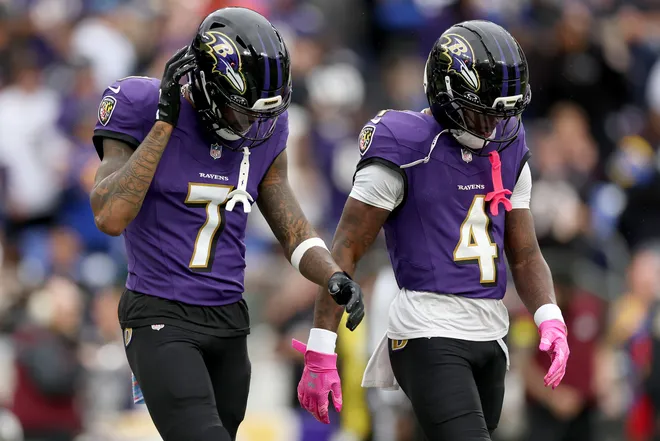 Rashod Bateman #7 and Zay Flowers #4 of the Baltimore Ravens (Photo by Patrick Smith/Getty Images)