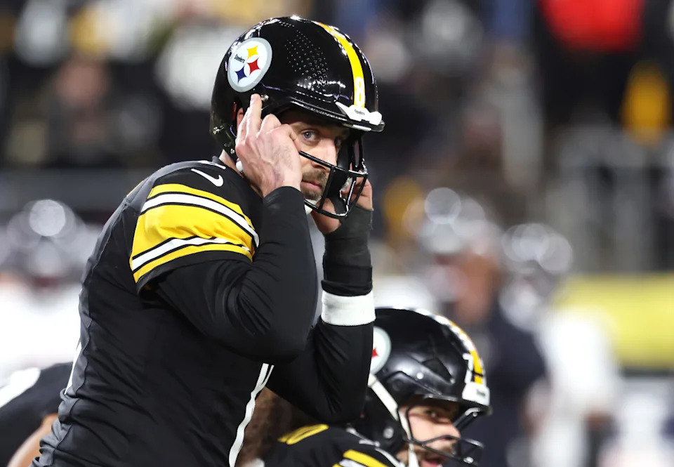 <p>Jan 12, 2026; Pittsburgh, PA, USA; Pittsburgh Steelers quarterback Aaron Rodgers (8) audibles during the second half of an AFC Wild Card Round game against the Houston Texans at Acrisure Stadium. Mandatory Credit: Charles LeClaire-Imagn Images</p>