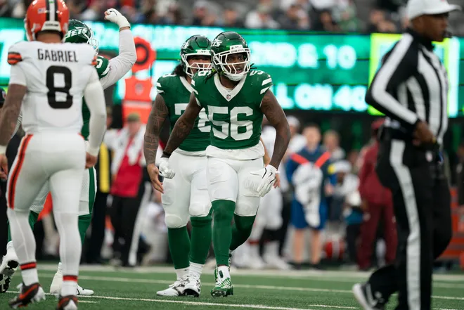 New York Jets linebacker Quincy Williams (56) celebrates after making a tackle during an NFL Week 10 game between the New York Jets and the Cleveland Browns at MetLife Stadium on Sunday, Nov. 9, 2025.