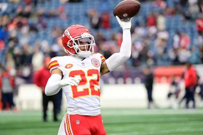 Dec 17, 2023; Foxborough, Massachusetts, USA; Kansas City Chiefs cornerback Trent McDuffie (22) warms up before a game against the New England Patriots at Gillette Stadium. Mandatory Credit: Eric Canha-USA TODAY Sports