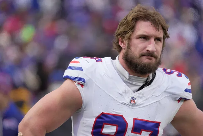 Buffalo Bills defensive end Joey Bosa watches the offensive line on the field during second half action against the Tampa Bay Buccaneers on Nov 16, 2025 at Highmark Stadium in Orchard Park.